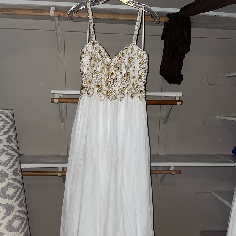 White and Gold Beaded Dave & Johnny Prom Dress
